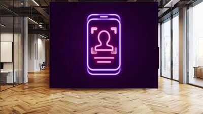 Glowing neon line Mobile phone and face recognition icon isolated on black background. Face identification scanner icon. Facial id. Cyber security. Colorful outline concept. Vector Wall mural