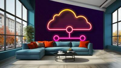 Glowing neon line Network cloud connection icon isolated on black background. Social technology. Cloud computing concept. Vector Wall mural