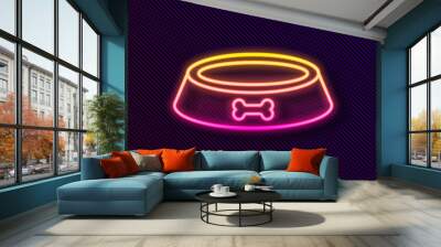 Glowing neon line Pet food bowl for cat or dog icon isolated on black background. Dog bone sign. Vector. Wall mural