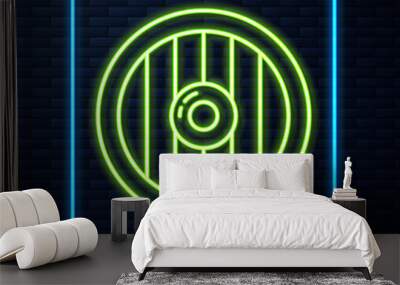 Glowing neon line Round wooden shield icon isolated on brick wall background. Security, safety, protection, privacy, guard concept. Vector. Wall mural