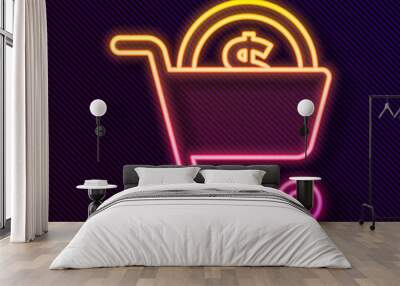 Glowing neon line Shopping cart and dollar symbol icon isolated on black background. Online buying concept. Delivery service. Supermarket basket. Vector. Wall mural