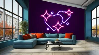 Glowing neon line Two Linked Hearts icon isolated on black background. Romantic symbol linked, join, passion and wedding. Valentine day symbol. Colorful outline concept. Vector Wall mural