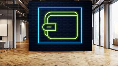 Glowing neon line Wallet icon isolated on brick wall background. Purse icon. Cash savings symbol. Vector. Wall mural