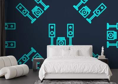 Green line Home stereo with two speaker s icon isolated seamless pattern on blue background. Music system. Vector Illustration. Wall mural