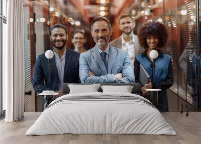 Group of happy, motivated business people standing together at office with their leader Wall mural