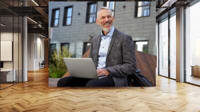 Ideas for business. Portrait of cheerful elegant middle aged businessman smiling while working on his laptop, sitting on the bench near modern building outdoors Wall mural