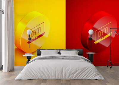 Isometric Data analysis icon isolated on orange and red background. Business data analysis process, statistics. Charts and diagrams. Circle button. Vector Wall mural