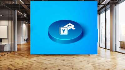 Isometric Digital door lock with wireless technology for unlock icon isolated on blue background. Door handle sign. Security smart home. Blue circle button. Vector Wall mural