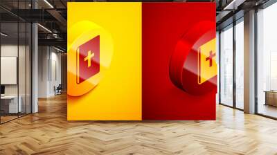 Isometric Holy bible book icon isolated on orange and red background. Circle button. Vector Wall mural