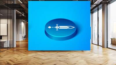 Isometric Medieval sword icon isolated on blue background. Medieval weapon. Blue circle button. Vector. Wall mural