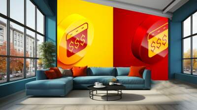 Isometric Payday, calendar with dollar icon isolated on orange and red background. Circle button. Vector Wall mural