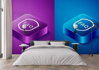 Isometric Shield with text FAQ information icon isolated on blue and purple background. Guard sign. Security, safety, protection, privacy concept. Square button. Vector Illustration Wall mural