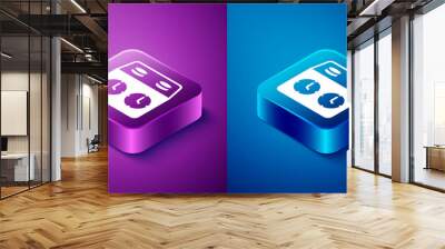 Isometric Time chess clock icon isolated on blue and purple background. Sport equipment. Square button. Vector Wall mural