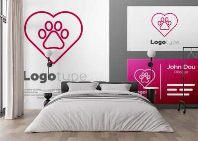 Logotype line Heart with animals footprint icon isolated on white background. Pet paw in heart. Love to the animals. Logo design template element. Vector. Wall mural