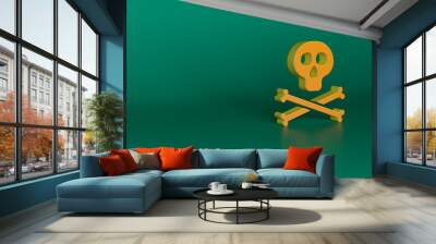 Orange Bones and skull as a sign of toxicity warning icon isolated on green background. Minimalism concept. 3D render illustration Wall mural