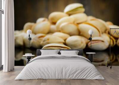 Pistachios on wooden table. Selective focus Wall mural