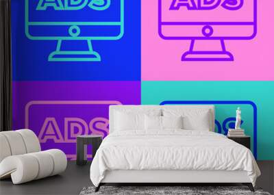 Pop art line Advertising icon isolated on color background. Concept of marketing and promotion process. Responsive ads. Social media advertising. Vector. Wall mural