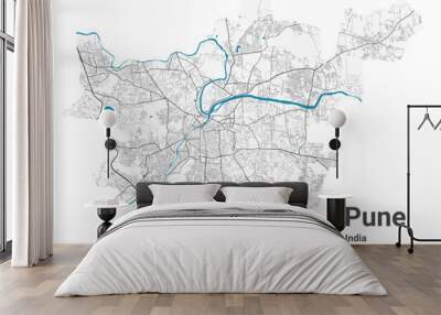 Pune map. Detailed map of Pune city administrative area. Cityscape panorama illustration. Road map with highways, streets, rivers. Wall mural