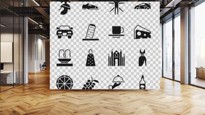 Set Bottle of olive oil, Woman dress, Cheese, Vitruvian Man, Tower in Pisa, Car, Roman army helmet and Coffee cup icon. Vector Wall mural