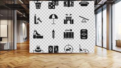 Set Bumper car, Hockey table, Seesaw, Stacks paper money cash, Sun protective umbrella, Striker attraction with hammer, Popcorn in box and Castle icon. Vector Wall mural