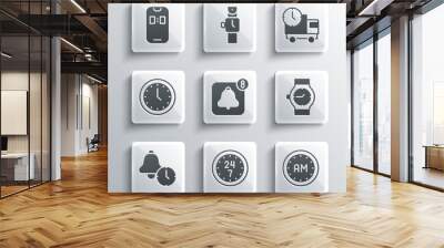 Set Clock 24 hours, Morning time, Wrist watch, Alarm clock app mobile, and Delivery truck and icon. Vector Wall mural