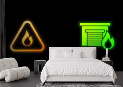 Set Firefighter axe, flame in triangle, burning garage and hose reel icon. Vector Wall mural