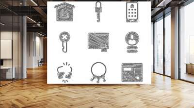 Set Folder and lock, Bunch of keys, House intercom system, Create account screen, Broken or cracked, Wrong, Mobile graphic password and under protection icon. Vector Wall mural