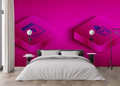 Set Isometric line Church building, Holy bible book, Burning candle and Beat dead monitor icon. Vector Wall mural