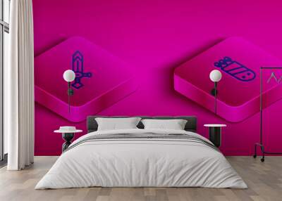 Set Isometric line Old key, Medieval sword, Quiver with arrows and flag icon. Vector Wall mural