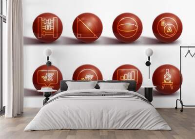 Set line Abacus, Square root of x glyph, Subsets, math, is subset, Computer monitor with graph chart, Triangle, Drawing compass and Geometric figure Sphere icon. Vector Wall mural