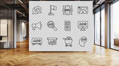 Set line Advertising, SEO optimization, Board with graph chart, Customer product rating, Shopping cart and dollar and icon. Vector Wall mural