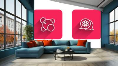 Set line Alcohol or spirit burner, Molecule, Atom and Virus with long shadow. Red square button. Vector Wall mural