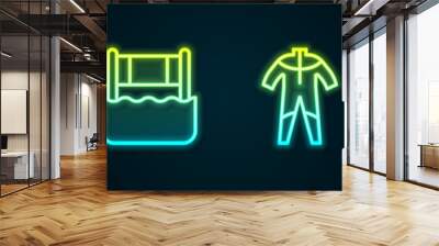 Set line Aqualung, Water volleyball net, Wetsuit for scuba diving and Swimmer. Glowing neon icon. Vector Wall mural