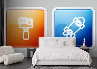 Set line Broken skateboard, Action camera, Longboard or and Baseball cap. Colorful square button. Vector Wall mural