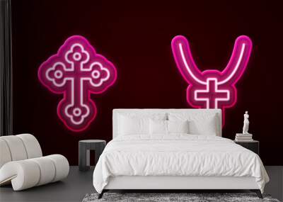 Set line Burning candle, Christian cross, on chain and Holy bible book. Glowing neon icon. Vector Wall mural