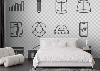 Set line Calculator, Graph, schedule, chart, diagram, Geometric figure, Cube, Triangle math, Mathematics sets A and B and Square root of x glyph icon. Vector Wall mural