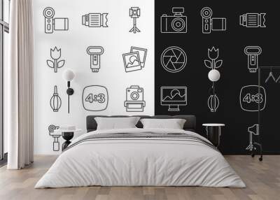 Set line Camera shutter, Photo camera, frame, photo lens, mode macro, and flash icon. Vector Wall mural