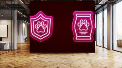 Set line Dog pill, Animal health insurance, Bag of food and house. Glowing neon icon. Vector Wall mural