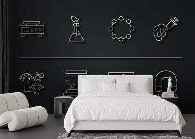 Set line Electronic scales, Cloning, Syringe, Chemical formula, Automatic irrigation sprinklers, Plant breeding, Magnet and icon. Vector Wall mural