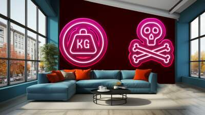 Set line Exclamation mark in triangle, Weight, Bones and skull warning and Dollar symbol. Glowing neon icon. Vector Wall mural