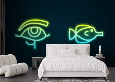 Set line Flag Of Egypt, Eye of Horus, Butterfly fish and Egyptian necklace. Glowing neon icon. Vector Wall mural