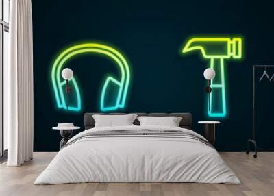 Set line Hand saw, Headphones, Hammer and Lumberjack. Glowing neon icon. Vector Wall mural