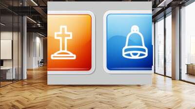 Set line Hands in praying position, Grave with cross, Church bell and Christian heart. Colorful square button. Vector Wall mural