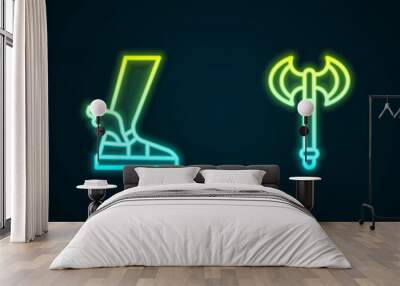 Set line Laurel wreath, Hermes sandal, Medieval axe and Greek ancient bowl. Glowing neon icon. Vector Wall mural