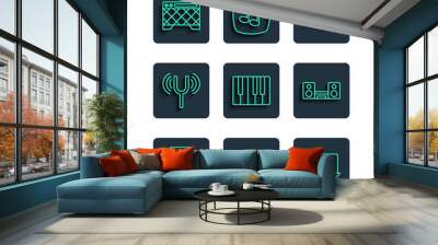 Set line Music player, equalizer, Laptop with music, Megaphone, synthesizer, Musical tuning fork, Guitar amplifier and Home stereo two speakers icon. Vector Wall mural