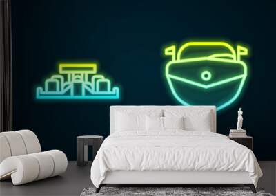 Set line Parachute, Formula 1 racing car, Speedboat and Ski goggles. Glowing neon icon. Vector Wall mural