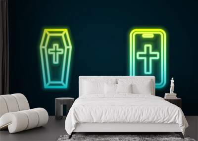 Set line Pope hat, Coffin, Christian cross on phone and Church building. Glowing neon icon. Vector Wall mural