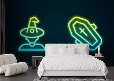 Set line Pumpkin, Witch, Coffin with cross and hat. Glowing neon icon. Vector Wall mural