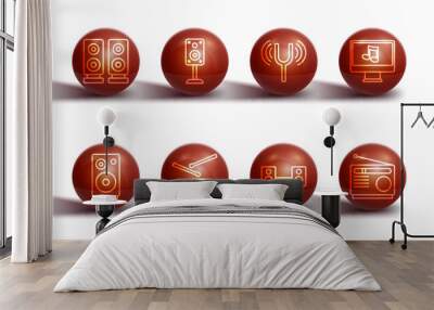 Set line Stereo speaker, Computer with music note, Home stereo two speakers, Drum drum sticks, Radio and Musical tuning fork icon. Vector Wall mural