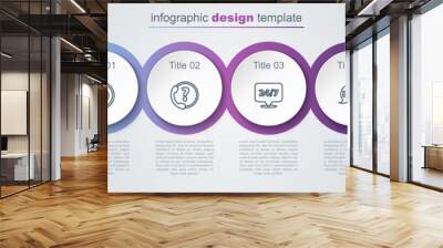 Set line Time Management, Telephone 24 hours support, Clock and Speech bubble with FAQ. Business infographic template. Vector Wall mural